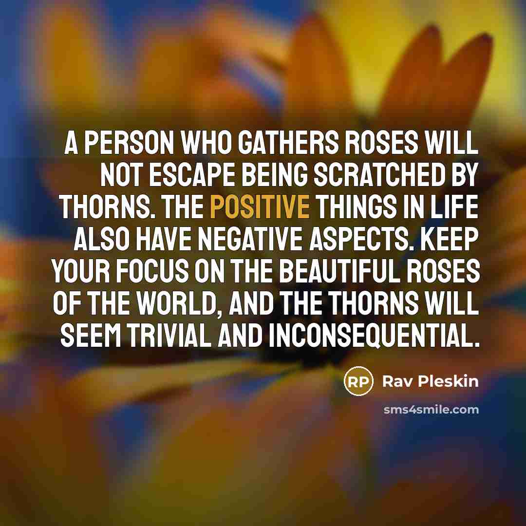 “A person who gathers roses will not escape being scratched by thorns. The positive things in life also have negative aspects. Keep your focus on the beautiful roses of the world, and the thorns will seem trivial and inconsequential.” quote by Rav Pleskin