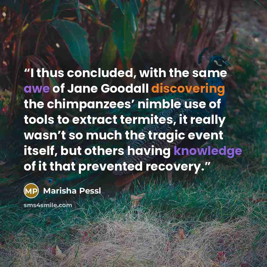 “I thus concluded, with the same awe of Jane Goodall discovering the chimpanzees’ nimble use of tools to extract termites, it really wasn’t so much the tragic event itself, but others having knowledge of it that prevented recovery.” quote by Marisha Pessl