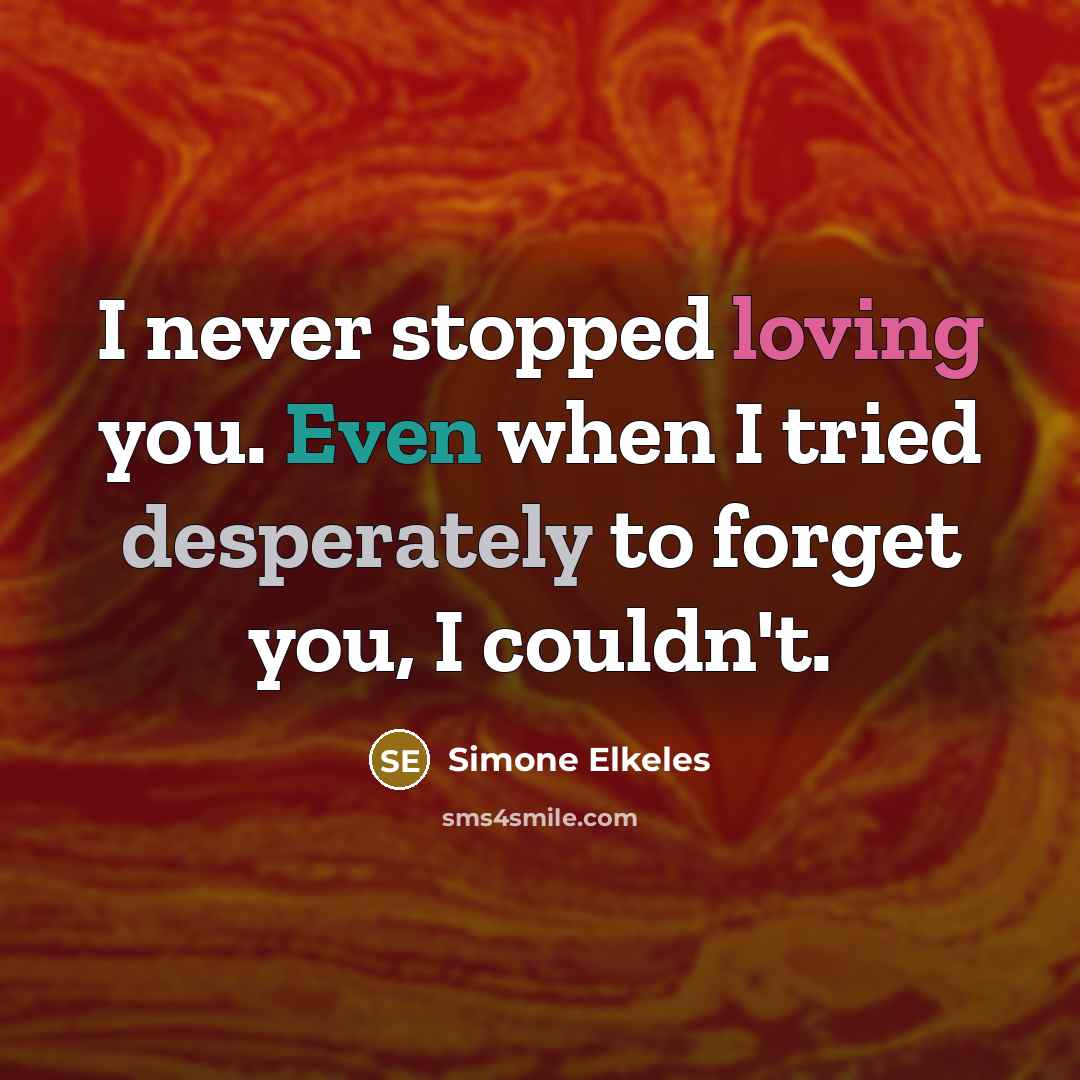 “I never stopped loving you. Even when I tried desperately to forget you, I couldn't.” quote by Simone Elkeles