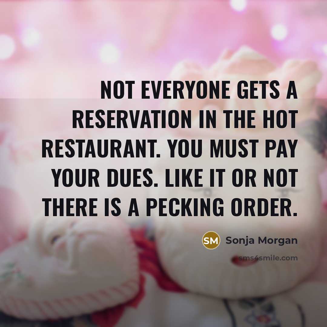 “Not everyone gets a reservation in the hot restaurant. You must pay your dues. Like it or not there is a pecking order.” quote by Sonja Morgan