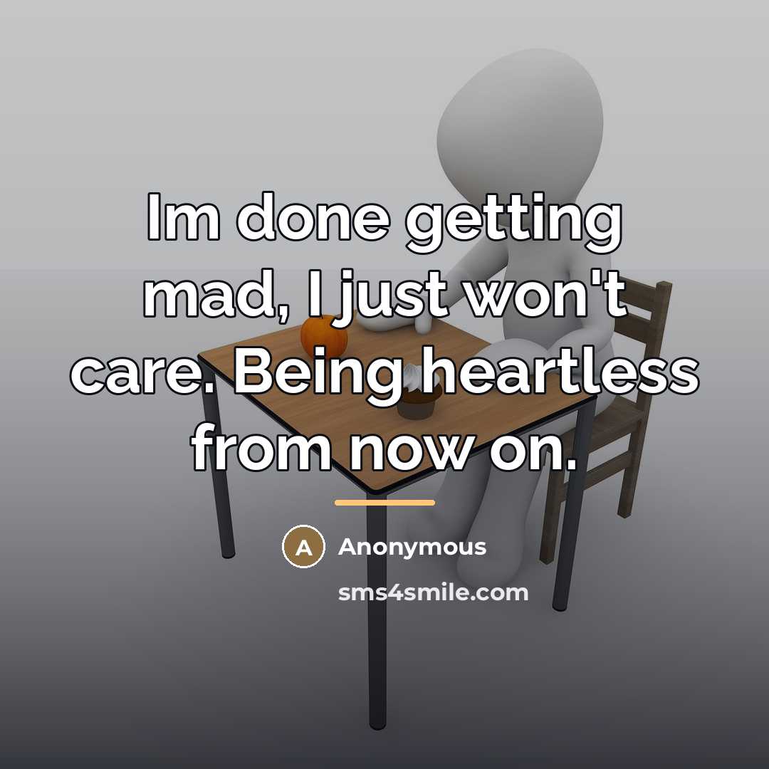 “Im done getting mad, I just won't care. Being heartless…” quote by Anonymous