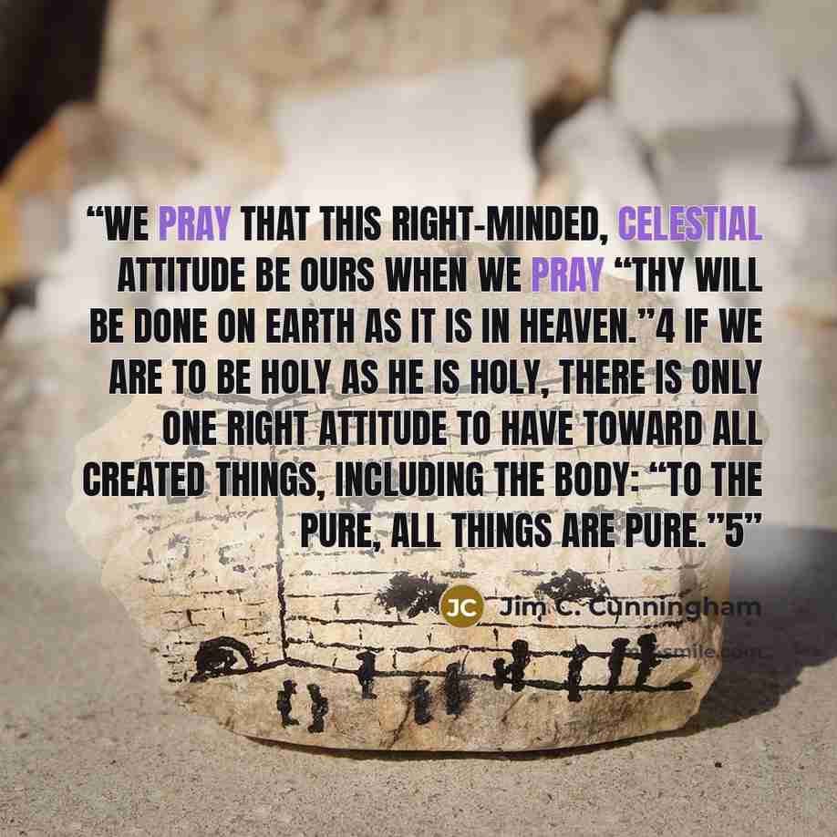 “We pray that this right-minded, celestial attitude be ours when we pray “Thy will be done on earth as it is in heaven.”4 If we are to be holy as He is holy, there is only one right attitude to have toward all created things, including the body: “To the pure, all things are pure.”5” quote by Jim C. Cunningham