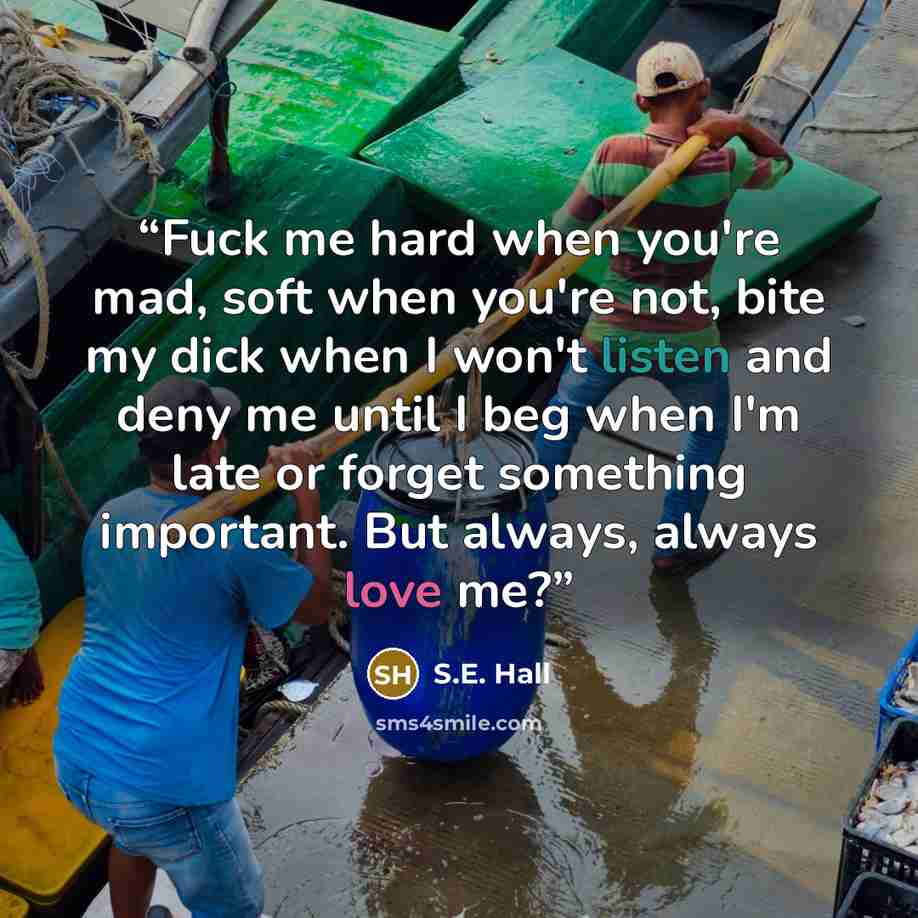 “Fuck me hard when you're mad, soft when you're not, bite my dick when I won't listen and deny me until I beg when I'm late or forget something important. But always, always love me?” quote by S.E. Hall