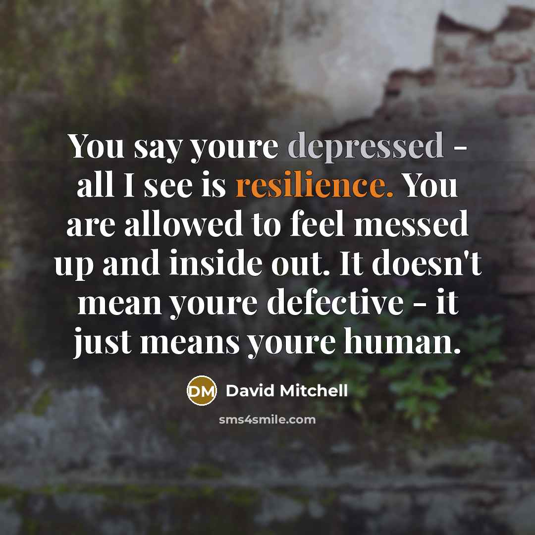 “You say youre depressed - all I see is resilience. You are allowed to feel messed up and inside out. It doesn't mean youre defective - it just means youre human.” quote by David Mitchell