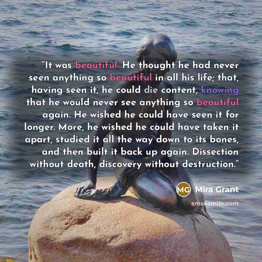 “It was beautiful. He thought he had never seen anything so beautiful in all his life; that, having seen it, he could die content, knowing that he would never see anything so beautiful again. He wished he could have seen it for longer. More, he wished he could have taken it apart, studied it all…” quote by Mira Grant