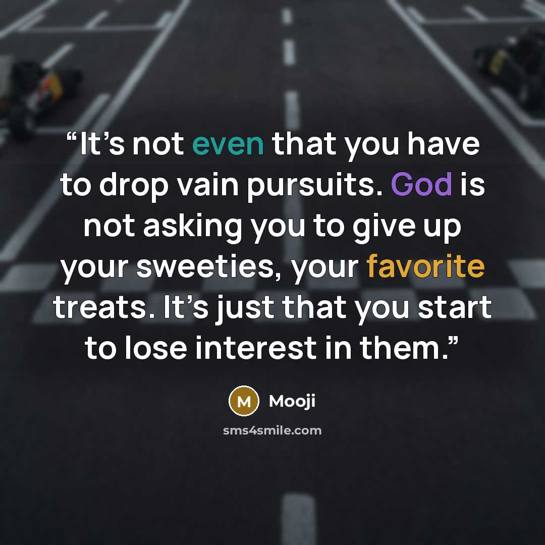 “It’s not even that you have to drop vain pursuits. God is not asking you to give up your sweeties, your favorite treats. It’s just that you start to lose interest in them.” quote by Mooji