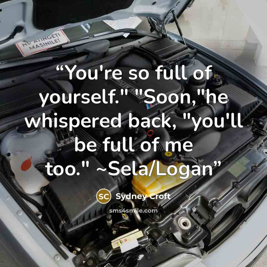 “You're so full of yourself." "Soon,"he whispered back, "you'll be full of me too." ~Sela/Logan” quote by Sydney Croft