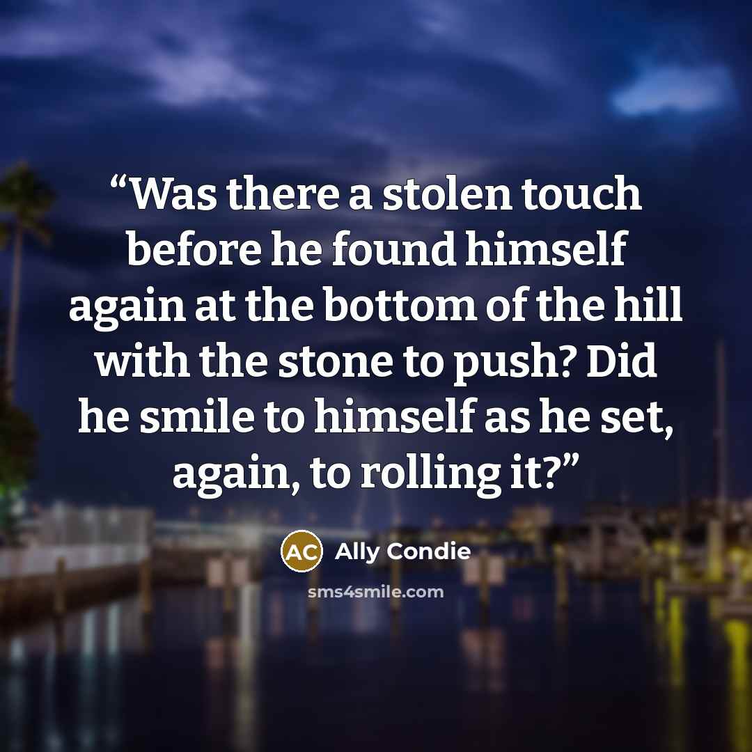 “Was there a stolen touch before he found himself again at the bottom of the hill with the stone to push? Did he smile to himself as he set, again, to rolling it?” quote by Ally Condie