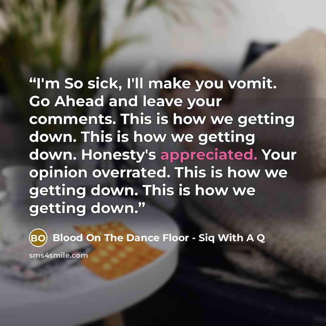“I'm So sick, I'll make you vomit. Go Ahead and leave your comments. This is how we getting down. This is how we getting down. Honesty's appreciated. Your opinion overrated. This is how we getting down. This is how we getting down.” quote by Blood On The Dance Floor - Siq With A Q