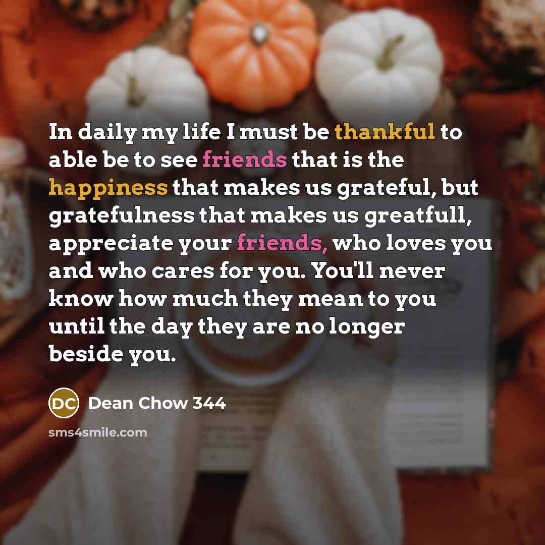 “In daily my life I must be thankful to able be to see friends that is the happiness that makes us grateful, but gratefulness that makes us greatfull, appreciate your friends, who loves you and who cares for you. You'll never know how much they mean to you until the day they are no longer beside you.” quote by Dean Chow 344