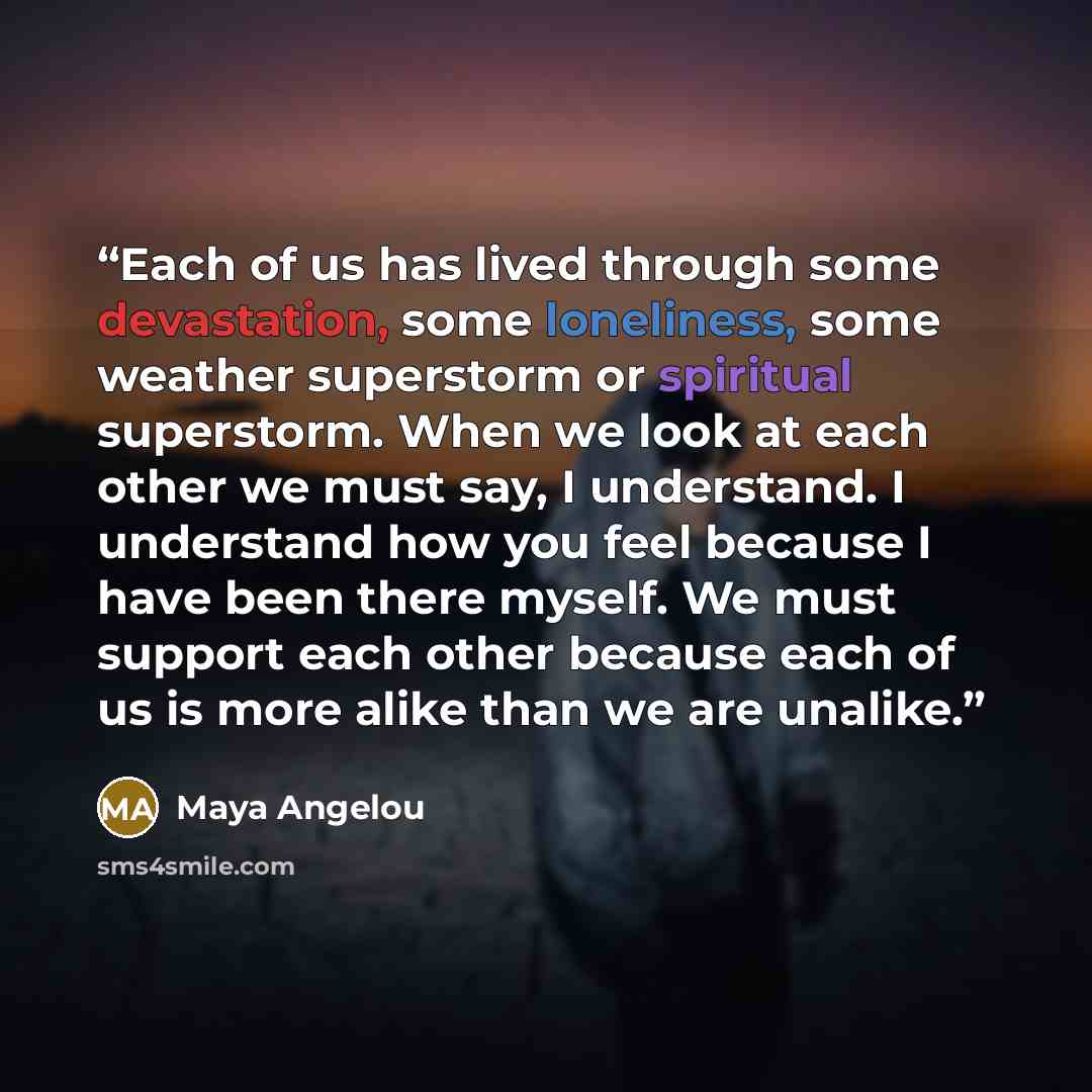 “Each of us has lived through some devastation, some loneliness, some weather superstorm or spiritual superstorm. When we look at each other we must say, I understand. I understand how you feel because I have been there myself. We must support each other because each of us is more alike than we are…” quote by Maya Angelou