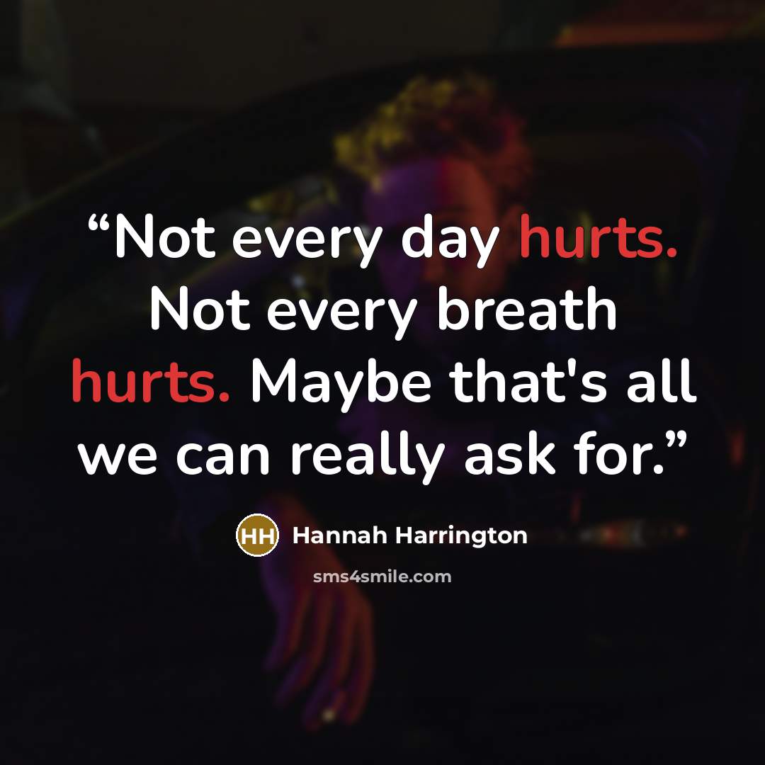 “Not every day hurts. Not every breath hurts. Maybe that's all we can really ask for.” quote by Hannah Harrington