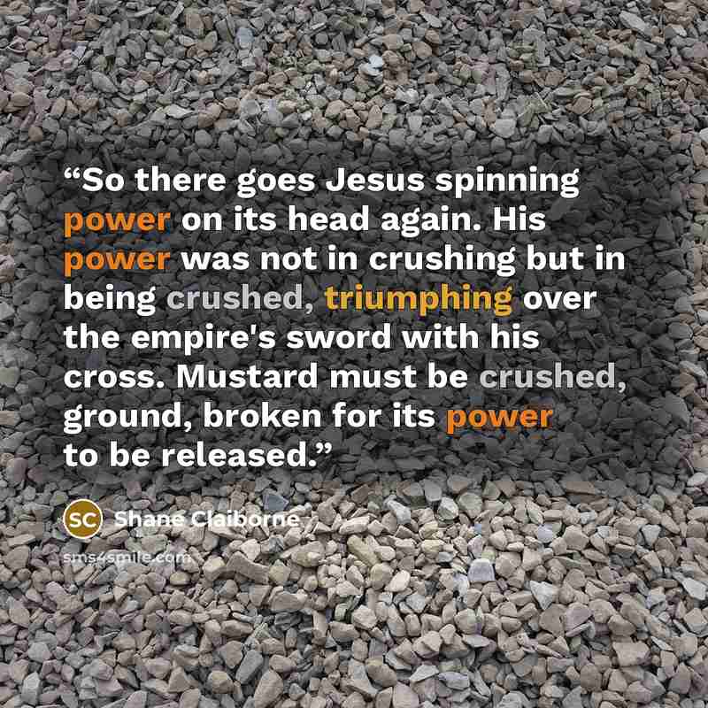 “So there goes Jesus spinning power on its head again. His power was not in crushing but in being crushed, triumphing over the empire's sword with his cross. Mustard must be crushed, ground, broken for its power to be released.” quote by Shane Claiborne