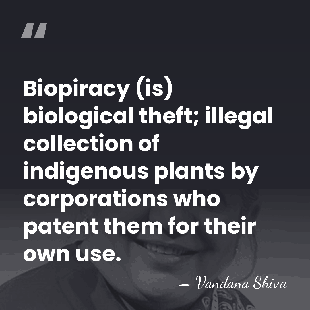 Biopiracy (is) biological theft; illegal collection of indigenous plants by corporations who&hellip; - Vandana Shiva