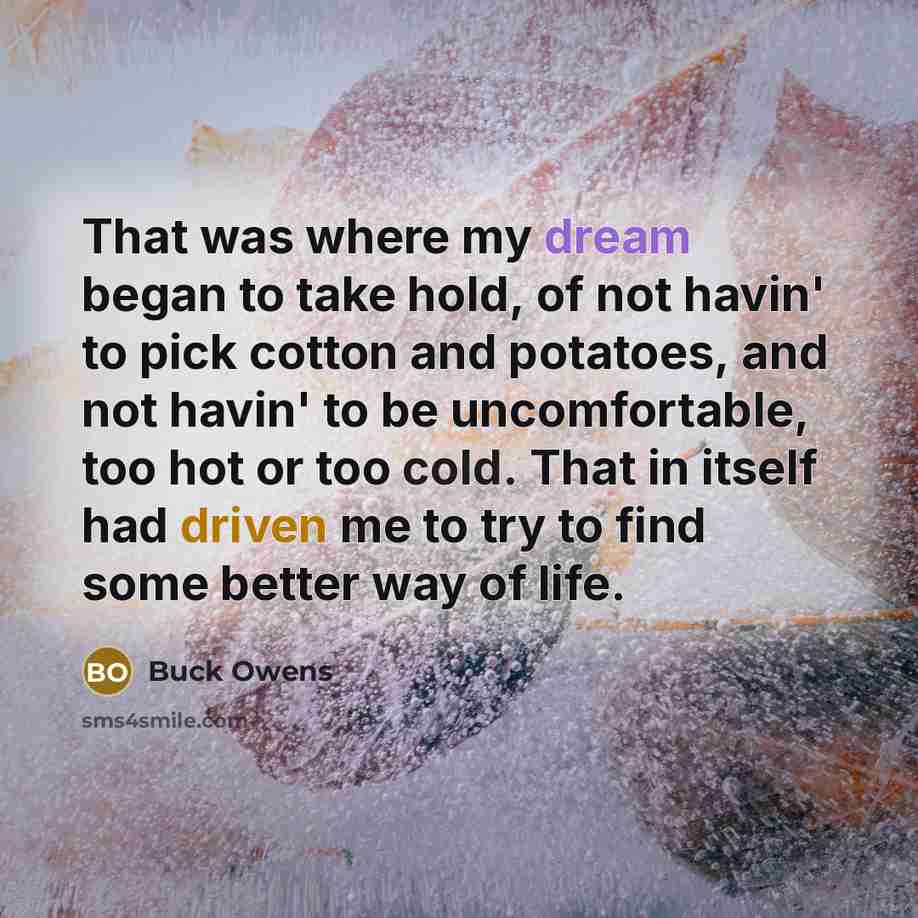 “That was where my dream began to take hold, of not havin' to pick cotton and potatoes, and not havin' to be uncomfortable, too hot or too cold. That in itself had driven me to try to find some better way of life.” quote by Buck Owens