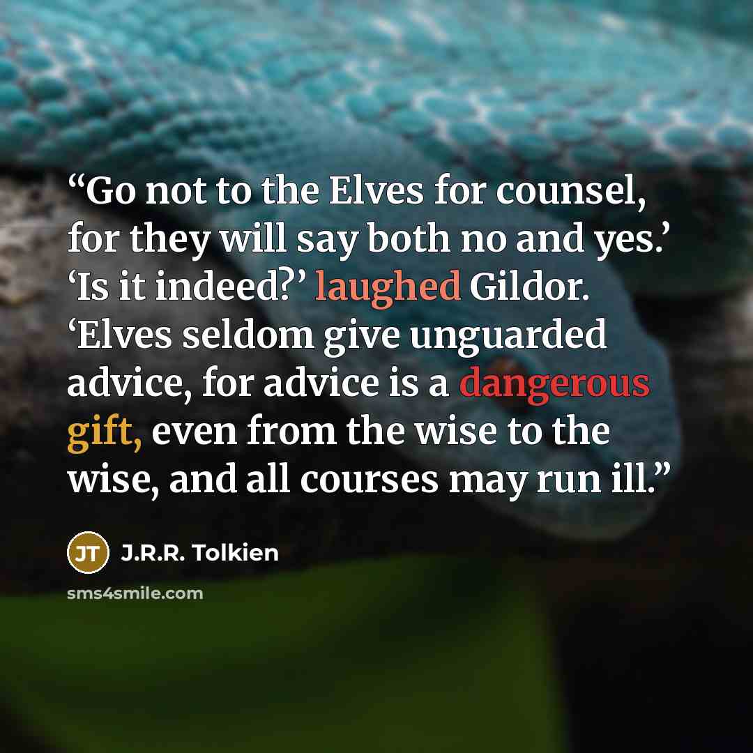 “Go not to the Elves for counsel, for they will say both no and yes.’ ‘Is it indeed?’ laughed Gildor. ‘Elves seldom give unguarded advice, for advice is a dangerous gift, even from the wise to the wise, and all courses may run ill.” quote by J.R.R. Tolkien
