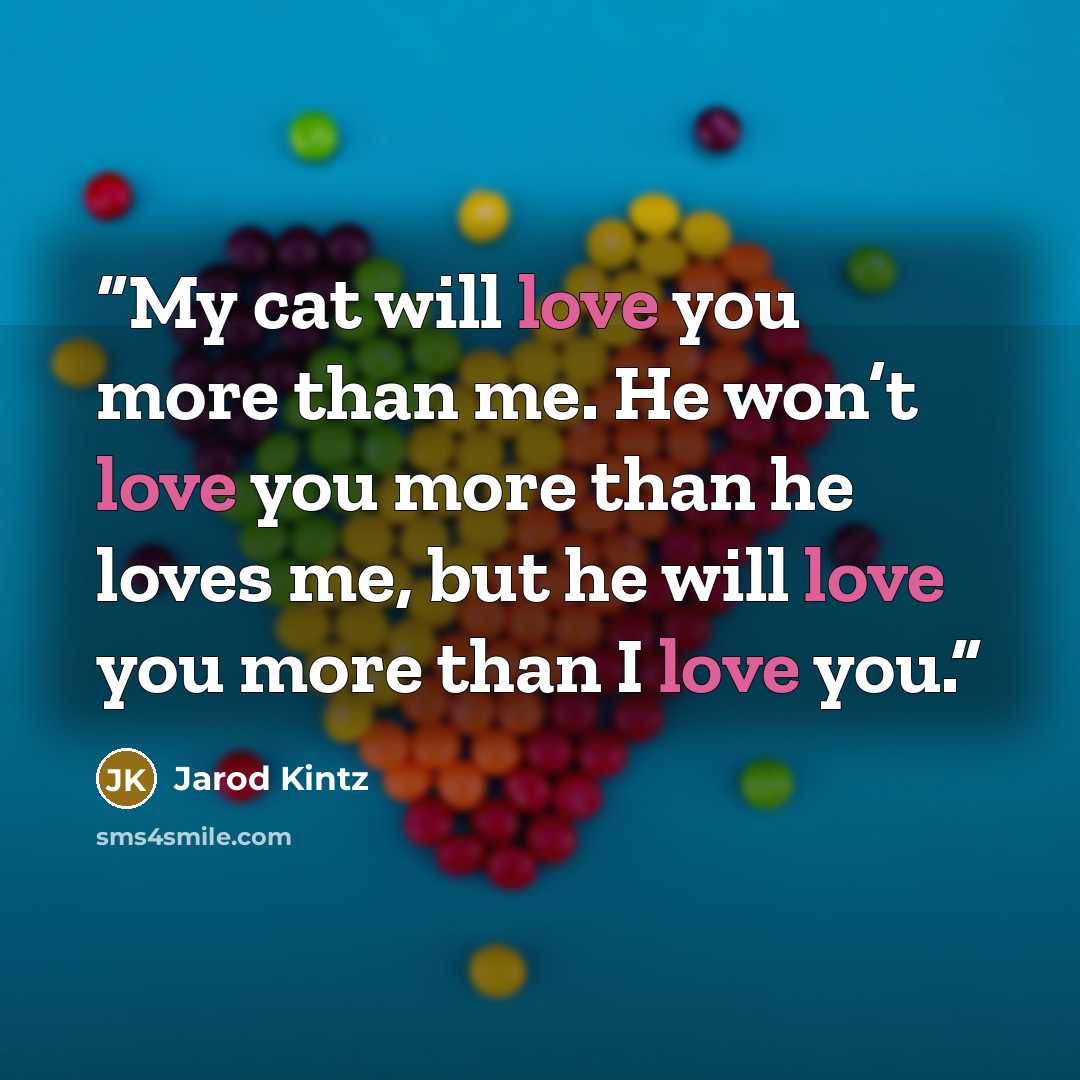 “My cat will love you more than me. He won’t love you more than he loves me, but he will love you more than I love you.” quote by Jarod Kintz