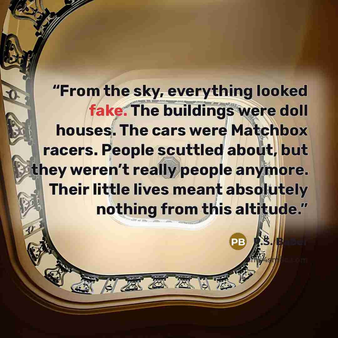 “From the sky, everything looked fake. The buildings were doll houses. The cars were Matchbox racers. People scuttled about, but they weren’t really people anymore. Their little lives meant absolutely nothing from this altitude.” quote by P.S. Baber
