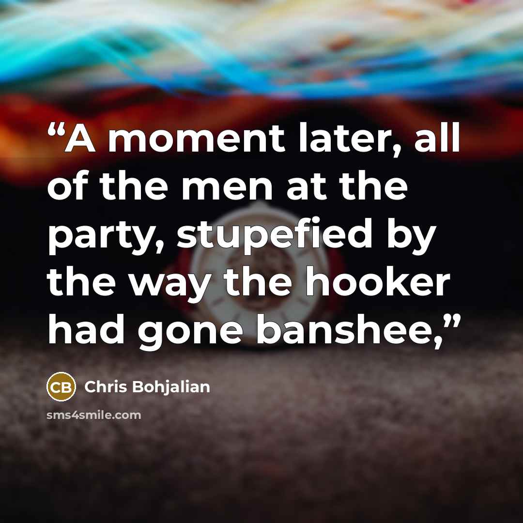 “A moment later, all of the men at the party, stupefied by the way the hooker had gone banshee,” quote by Chris Bohjalian