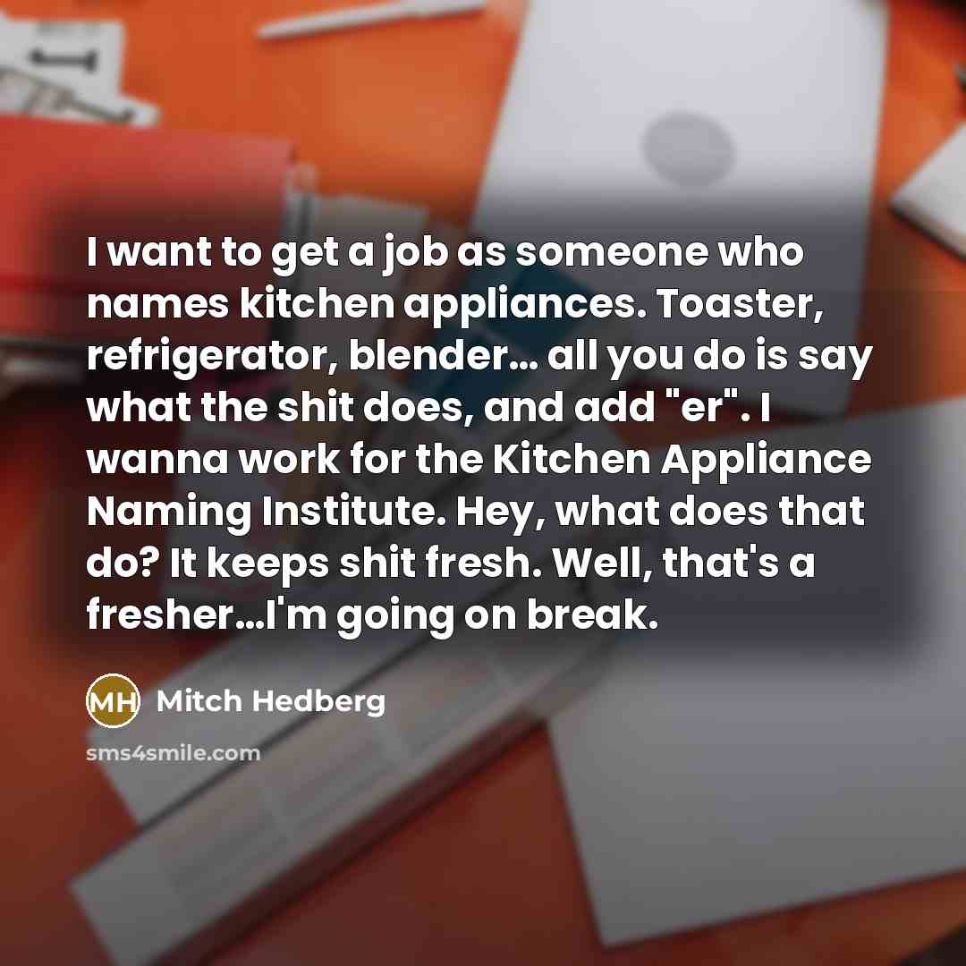 “I want to get a job as someone who names kitchen appliances. Toaster, refrigerator, blender… all you do is say what the shit does, and add "er". I wanna work for the Kitchen Appliance Naming Institute. Hey, what does that do? It keeps shit fresh. Well, that's a fresher…I'm going on break.” quote by Mitch Hedberg
