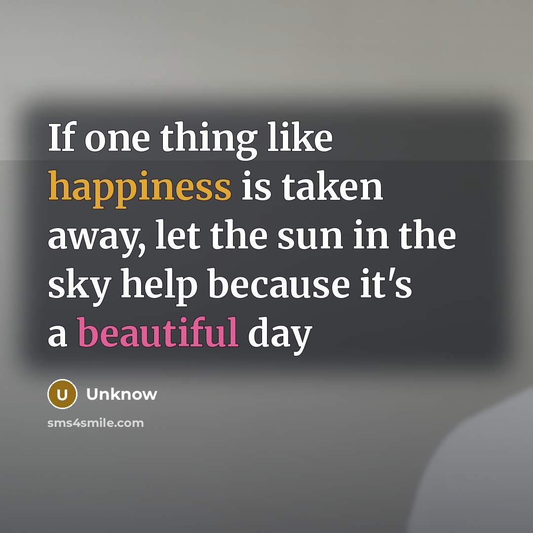 “If one thing like happiness is taken away, let the sun in the sky help because it's a beautiful day” quote by Unknow