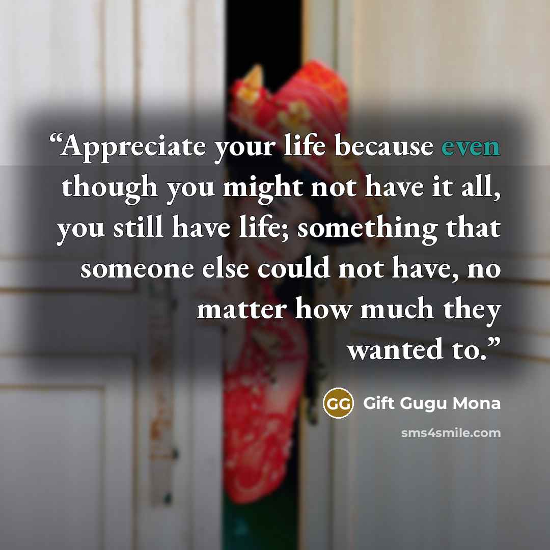 “Appreciate your life because even though you might not have it all, you still have life; something that someone else could not have, no matter how much they wanted to.” quote by Gift Gugu Mona