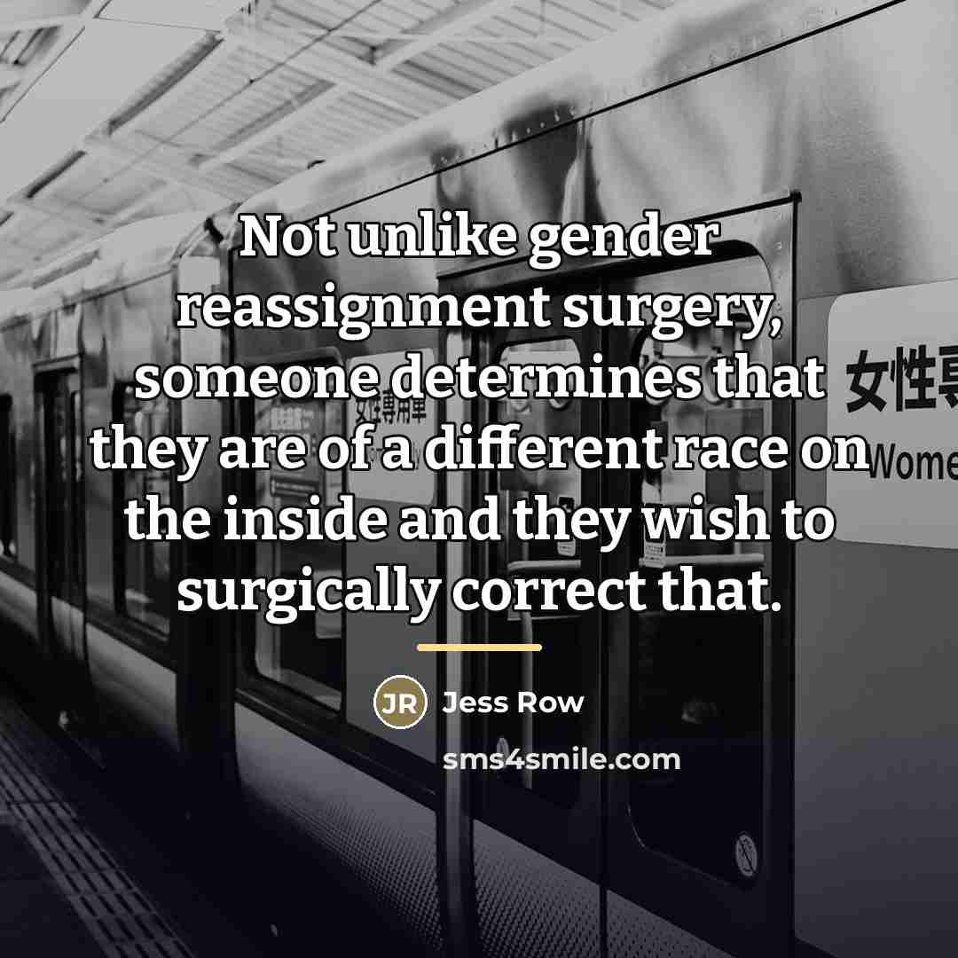 “Not unlike gender reassignment surgery, someone determines that they are…” quote by Jess Row