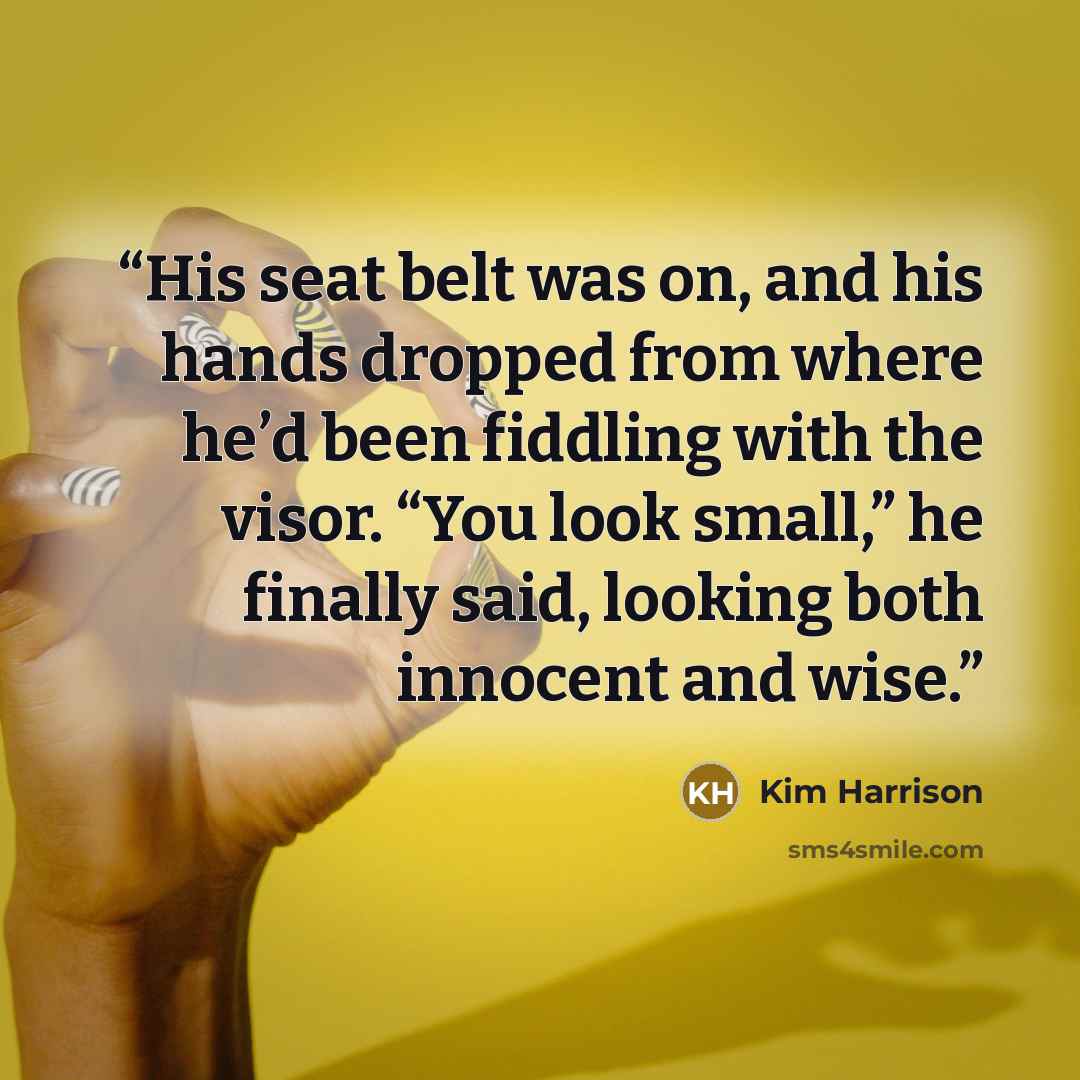 “His seat belt was on, and his hands dropped from where he’d been fiddling with the visor. “You look small,” he finally said, looking both innocent and wise.” quote by Kim Harrison