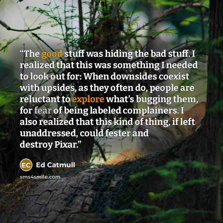 “The good stuff was hiding the bad stuff. I realized that this was something I needed to look out for: When downsides coexist with upsides, as they often do, people are reluctant to explore what’s bugging them, for fear of being labeled complainers. I also realized that this kind of thing, if left…” quote by Ed Catmull