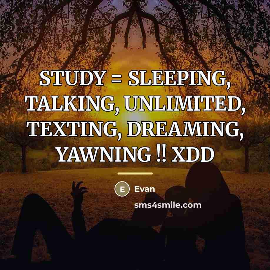 “STUDY = SLEEPING, TALKING, UNLIMITED, TEXTING, DREAMING, YAWNING !! XDD…” quote by Evan
