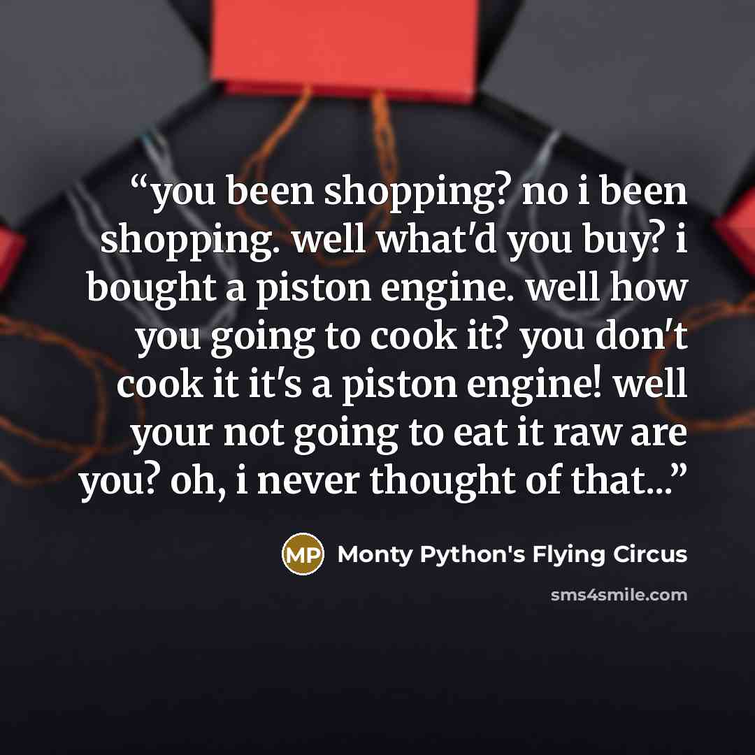“you been shopping? no i been shopping. well what'd you buy? i bought a piston engine. well how you going to cook it? you don't cook it it's a piston engine! well your not going to eat it raw are you? oh, i never thought of that...” quote by Monty Python's Flying Circus