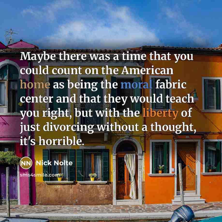 “Maybe there was a time that you could count on the American home as being the moral fabric center and that they would teach you right, but with the liberty of just divorcing without a thought, it's horrible.” quote by Nick Nolte