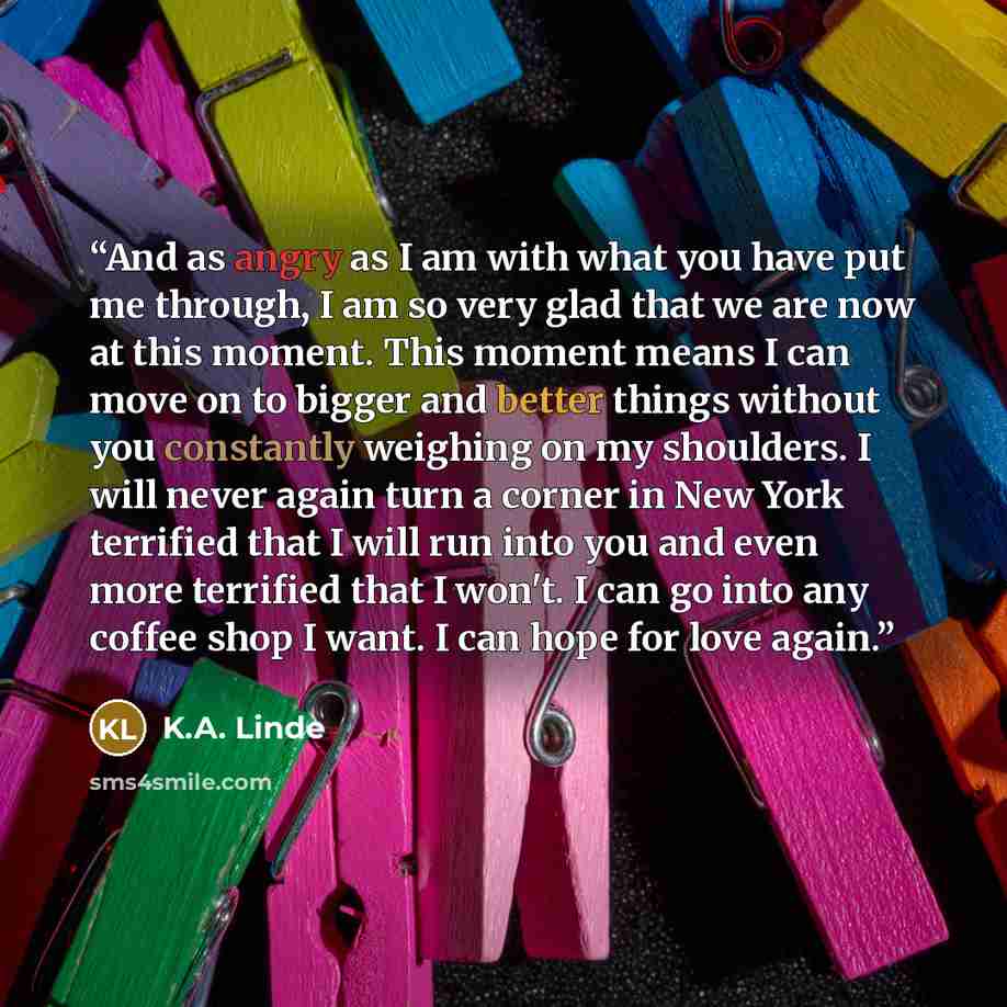 “And as angry as I am with what you have put me through, I am so very glad that we are now at this moment. This moment means I can move on to bigger and better things without you constantly weighing on my shoulders. I will never again turn a corner in New York terrified that I will run into you and…” quote by K.A. Linde
