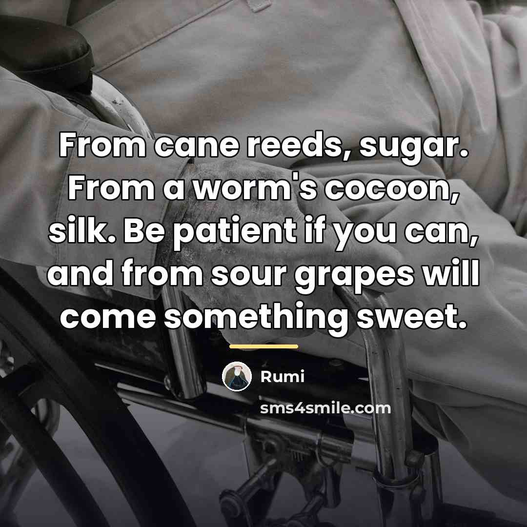 “From cane reeds, sugar. From a worm's cocoon, silk. Be…” quote by Rumi