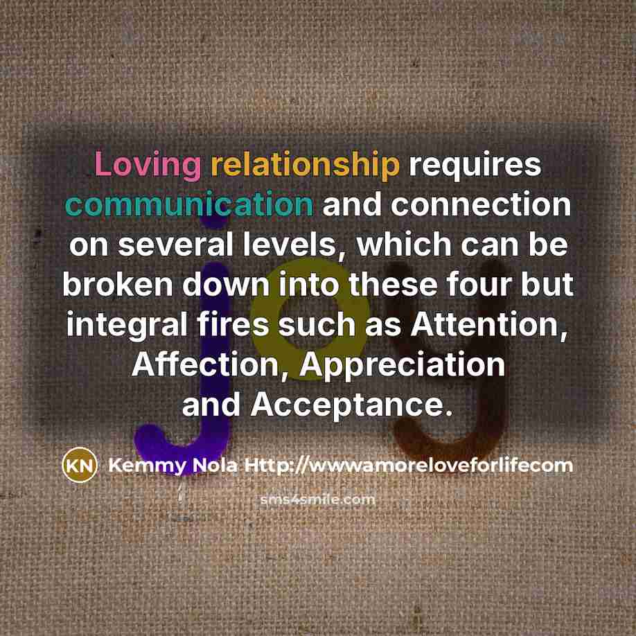 “Loving relationship requires communication and connection on several levels, which can be broken down into these four but integral fires such as Attention, Affection, Appreciation and Acceptance.” quote by Kemmy Nola Http://wwwamoreloveforlifecom