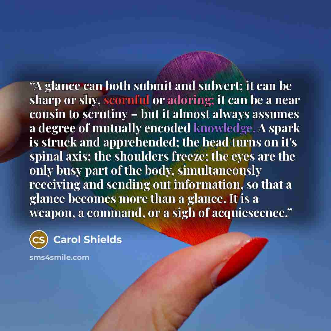 “A glance can both submit and subvert; it can be sharp or shy, scornful or adoring; it can be a near cousin to scrutiny – but it almost always assumes a degree of mutually encoded knowledge. A spark is struck and apprehended; the head turns on it's spinal axis; the shoulders freeze; the eyes are…” quote by Carol Shields