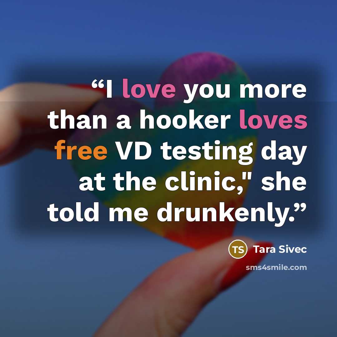 “I love you more than a hooker loves free VD testing day at the clinic," she told me drunkenly.” quote by Tara Sivec