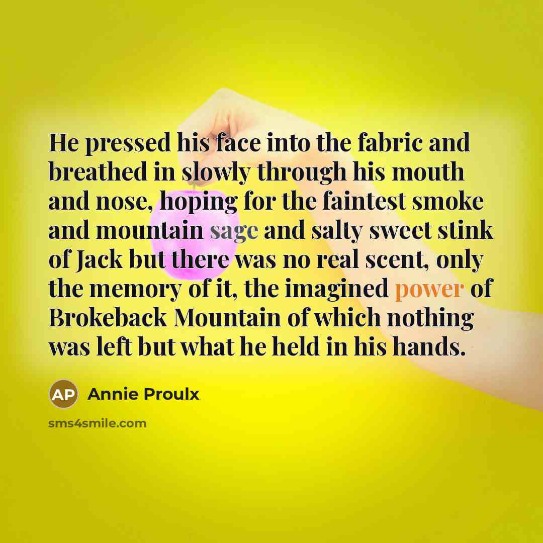 “He pressed his face into the fabric and breathed in…” quote by Annie Proulx