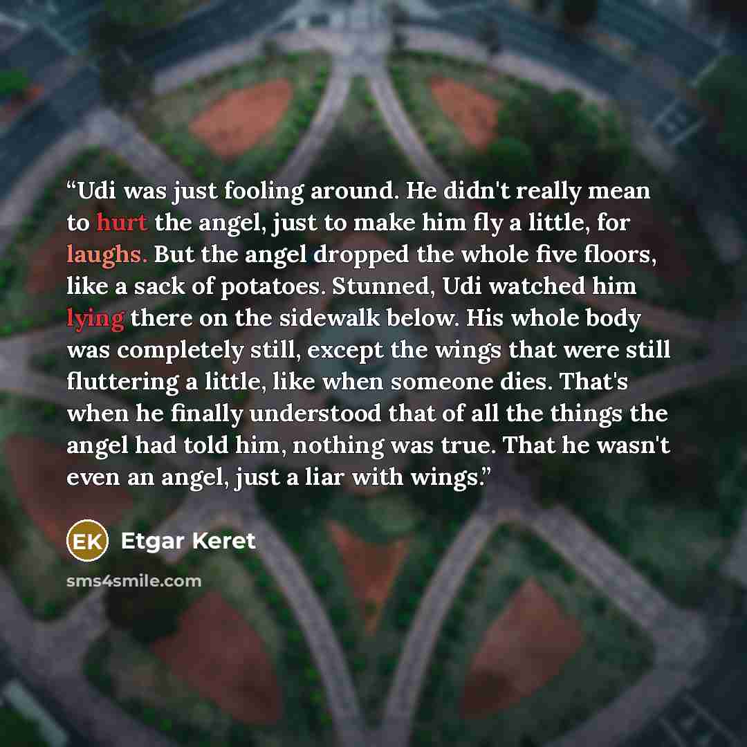 “Udi was just fooling around. He didn't really mean to hurt the angel, just to make him fly a little, for laughs. But the angel dropped the whole five floors, like a sack of potatoes. Stunned, Udi watched him lying there on the sidewalk below. His whole body was completely still, except the wings…” quote by Etgar Keret