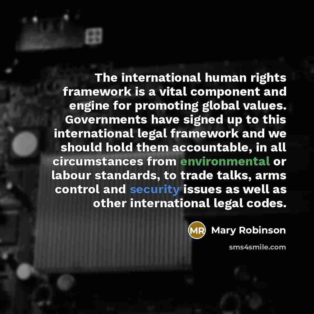 “The international human rights framework is a vital component and…” quote by Mary Robinson
