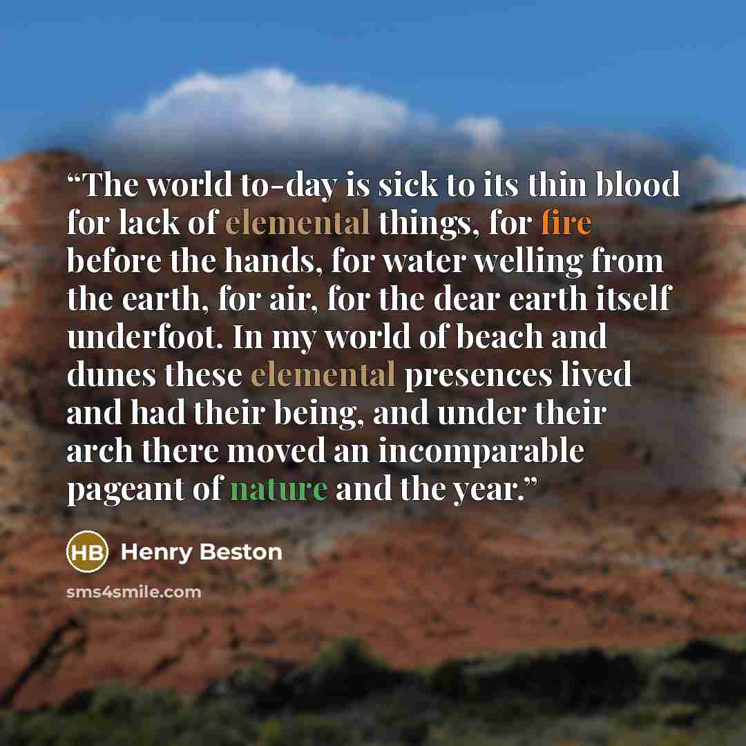 “The world to-day is sick to its thin blood for lack of elemental things, for fire before the hands, for water welling from the earth, for air, for the dear earth itself underfoot. In my world of beach and dunes these elemental presences lived and had their being, and under their arch there moved…” quote by Henry Beston