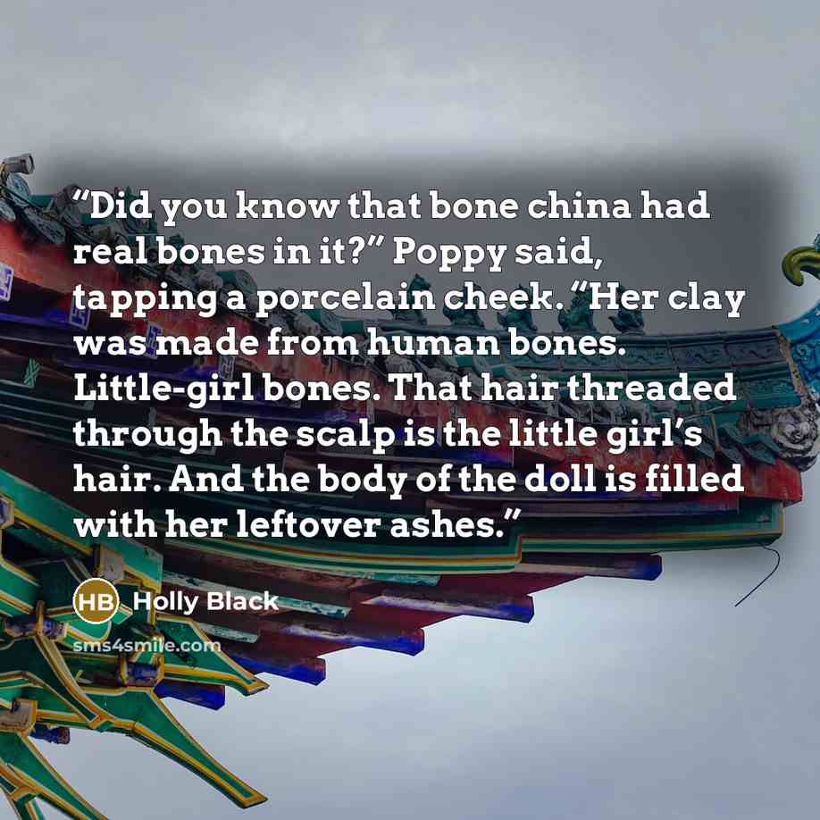“Did you know that bone china had real bones in it?” Poppy said, tapping a porcelain cheek. “Her clay was made from human bones. Little-girl bones. That hair threaded through the scalp is the little girl’s hair. And the body of the doll is filled with her leftover ashes.” quote by Holly Black