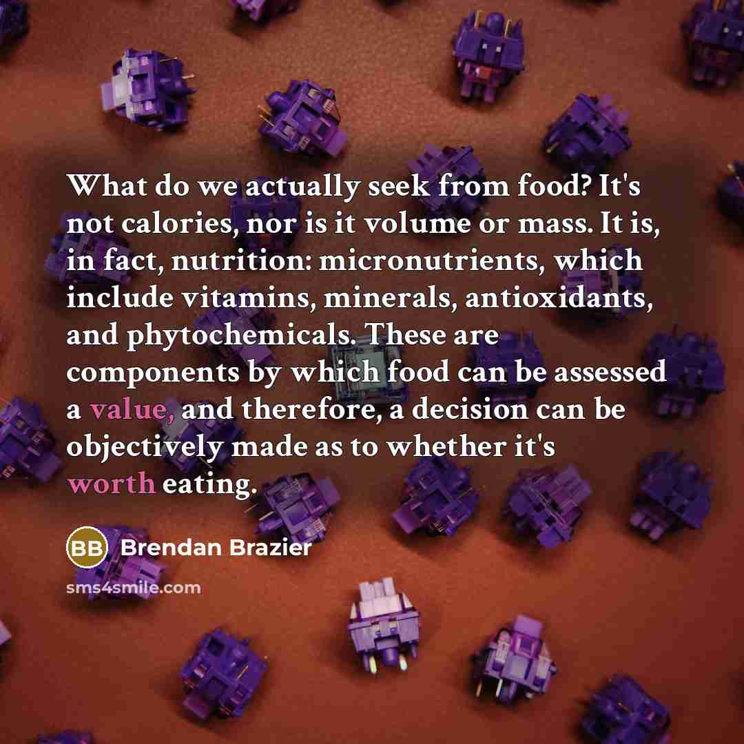 “What do we actually seek from food? It's not calories,…” quote by Brendan Brazier