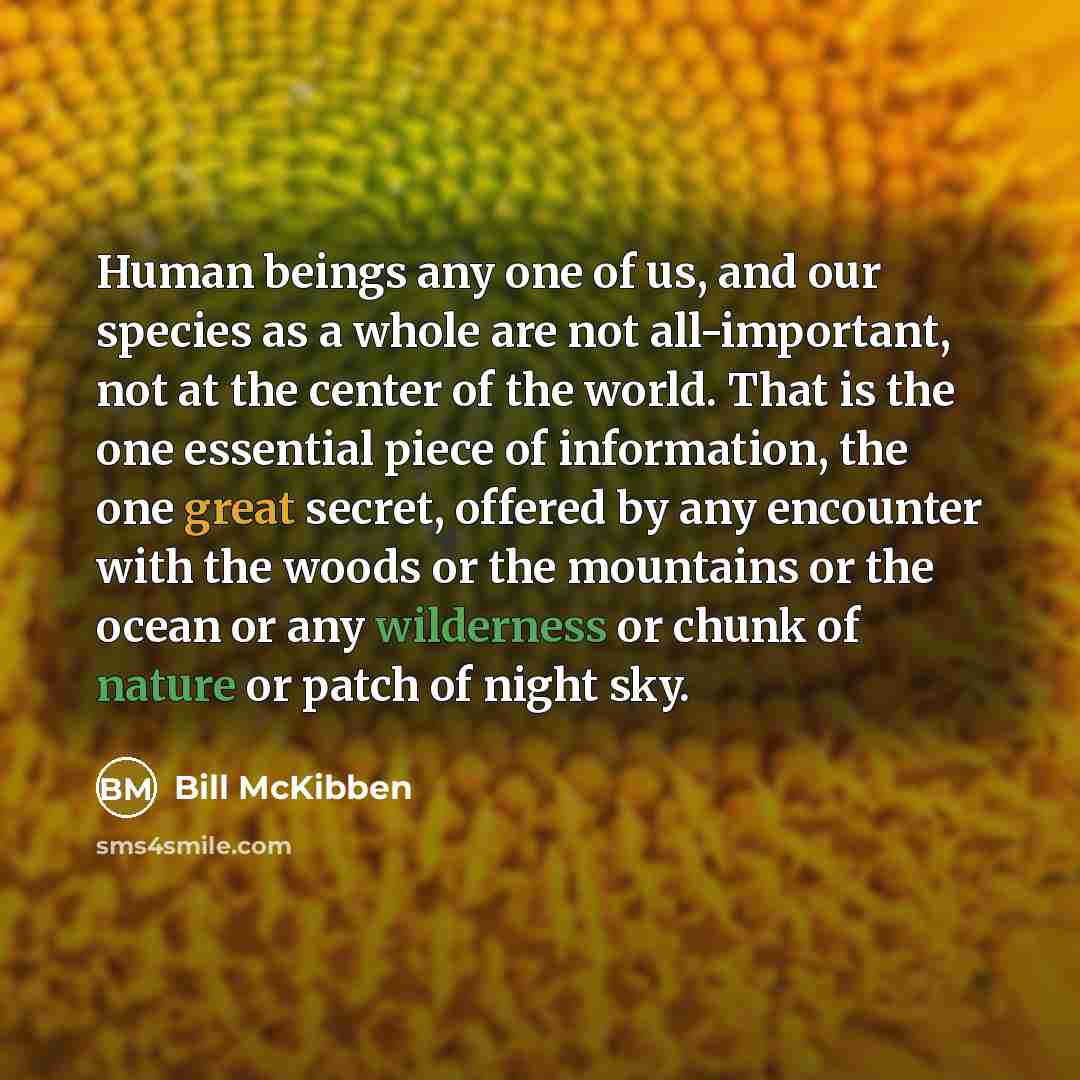 “Human beings any one of us, and our species as a whole are not all-important, not at the center of the world. That is the one essential piece of information, the one great secret, offered by any encounter with the woods or the mountains or the ocean or any wilderness or chunk of nature or patch of…” quote by Bill McKibben