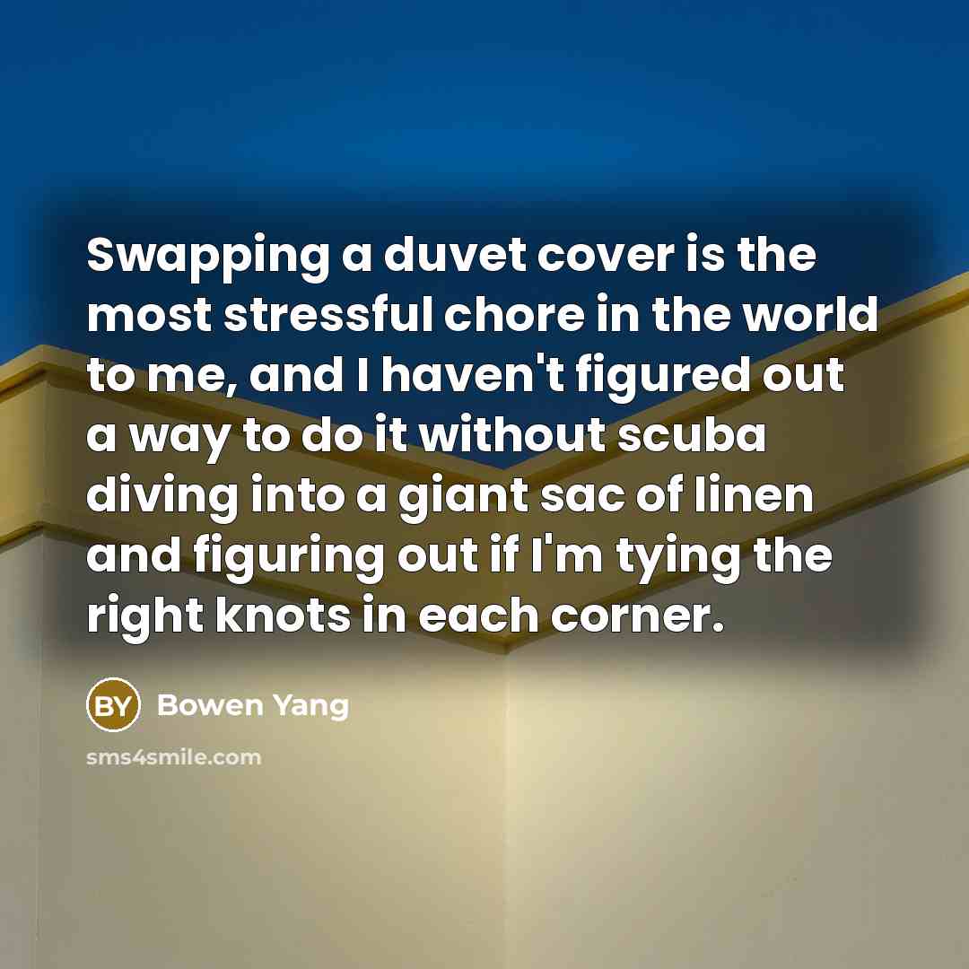 “Swapping a duvet cover is the most stressful chore in…” quote by Bowen Yang