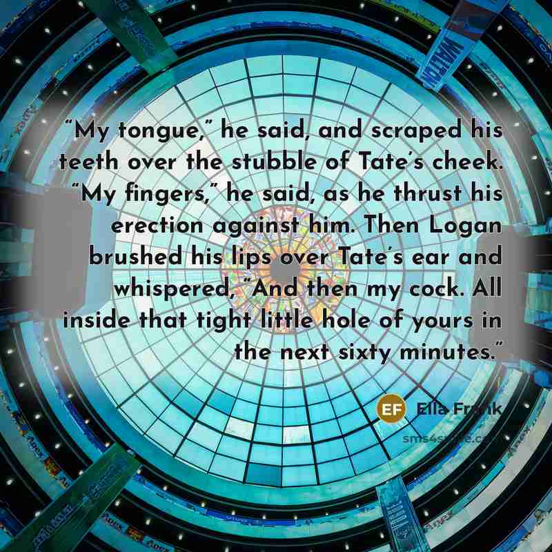 “My tongue,” he said, and scraped his teeth over the stubble of Tate’s cheek. “My fingers,” he said, as he thrust his erection against him. Then Logan brushed his lips over Tate’s ear and whispered, “And then my cock. All inside that tight little hole of yours in the next sixty minutes.” quote by Ella Frank