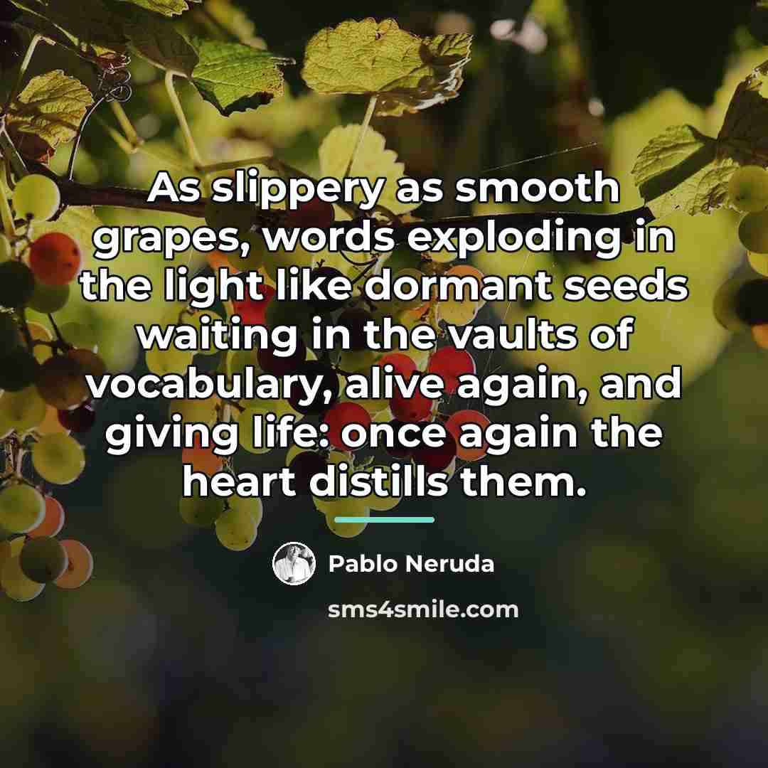“As slippery as smooth grapes, words exploding in the light…” quote by Pablo Neruda