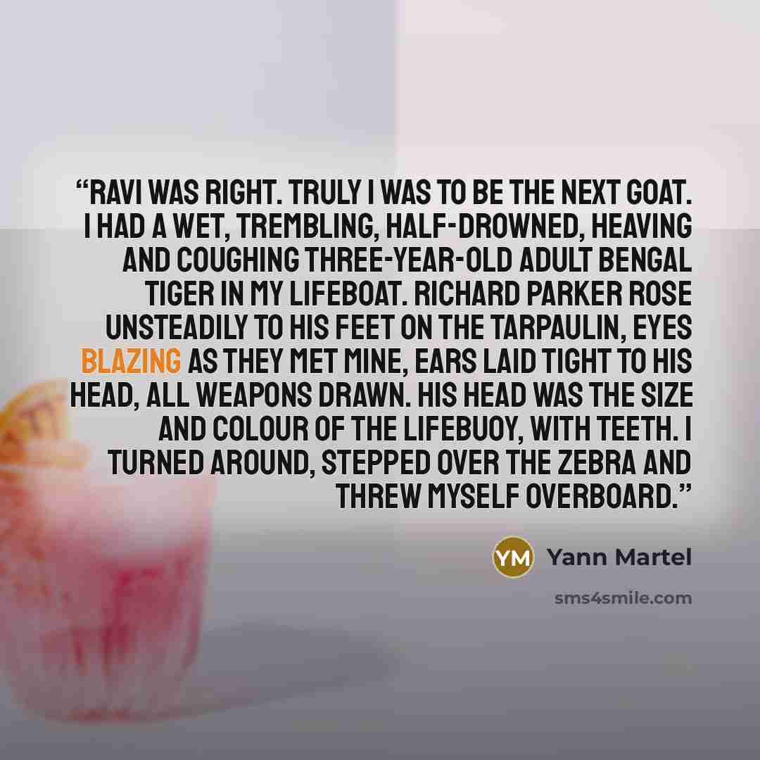“Ravi was right. Truly I was to be the next goat. I had a wet, trembling, half-drowned, heaving and coughing three-year-old adult Bengal tiger in my lifeboat. Richard Parker rose unsteadily to his feet on the tarpaulin, eyes blazing as they met mine, ears laid tight to his head, all weapons drawn…” quote by Yann Martel