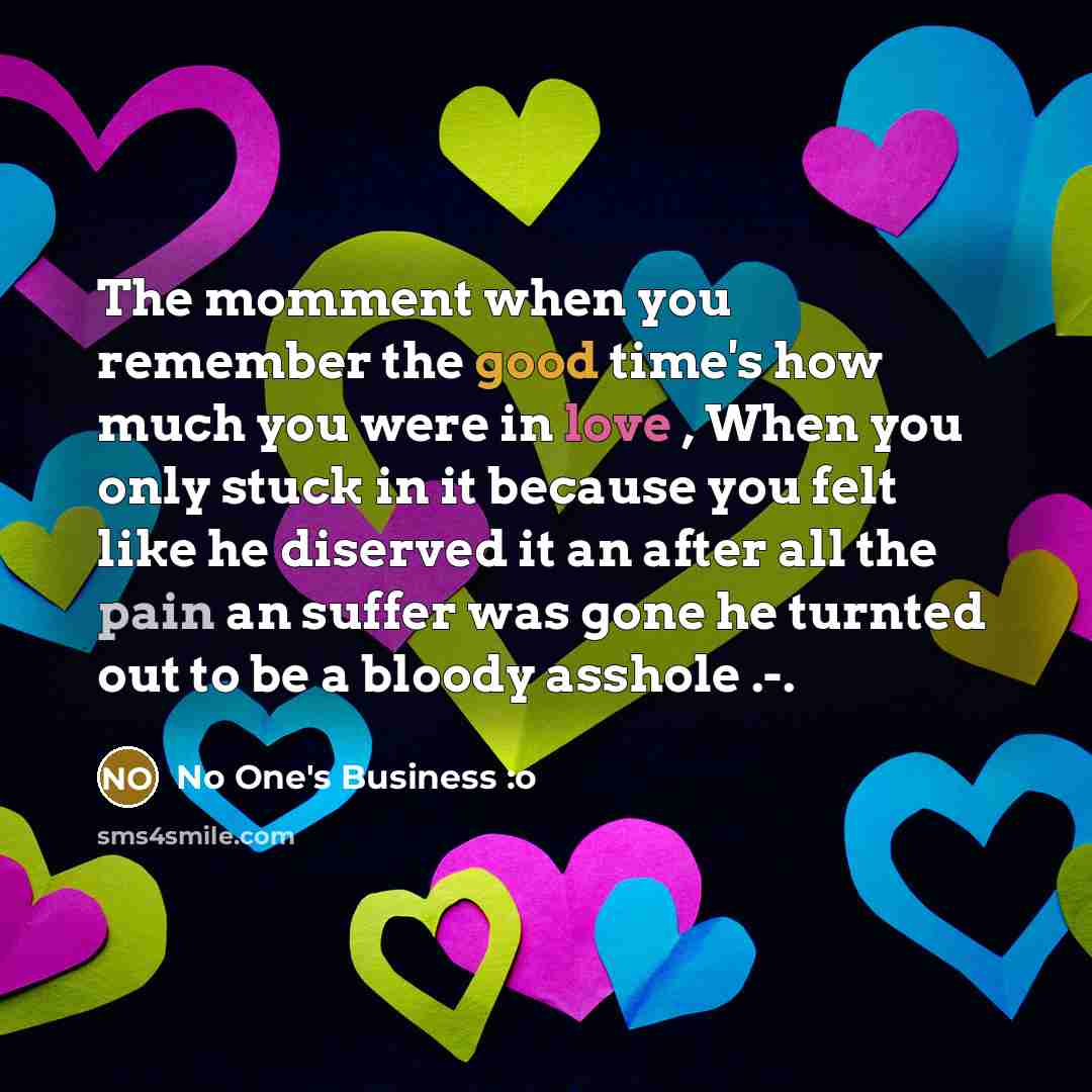 “The momment when you remember the good time's how much you were in love , When you only stuck in it because you felt like he diserved it an after all the pain an suffer was gone he turnted out to be a bloody asshole .-.” quote by No One's Business :o