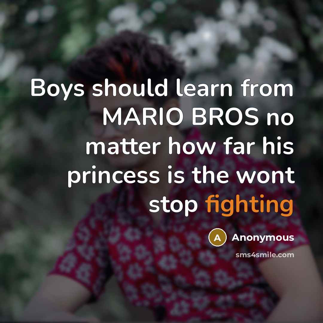 “Boys should learn from MARIO BROS no matter how far his princess is the wont stop fighting” quote by Anonymous